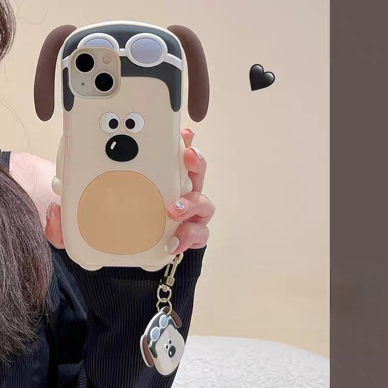【iPhone Case】可愛い ワンちゃん メガネ いぬ  長い耳 犬 チャーム付スマホケース  iPhoneケース