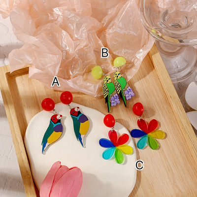 【Earrings】鳥 五色の花 オウム マグパイ ピアス