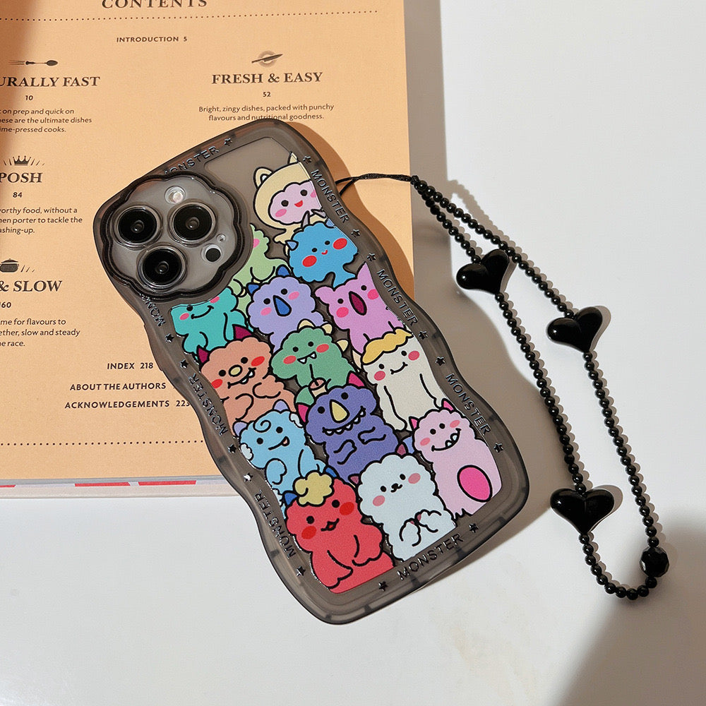 【iPhone Case】韓国人気 モンスター スリング付き 黒いハート落下防止 iPhoneケース