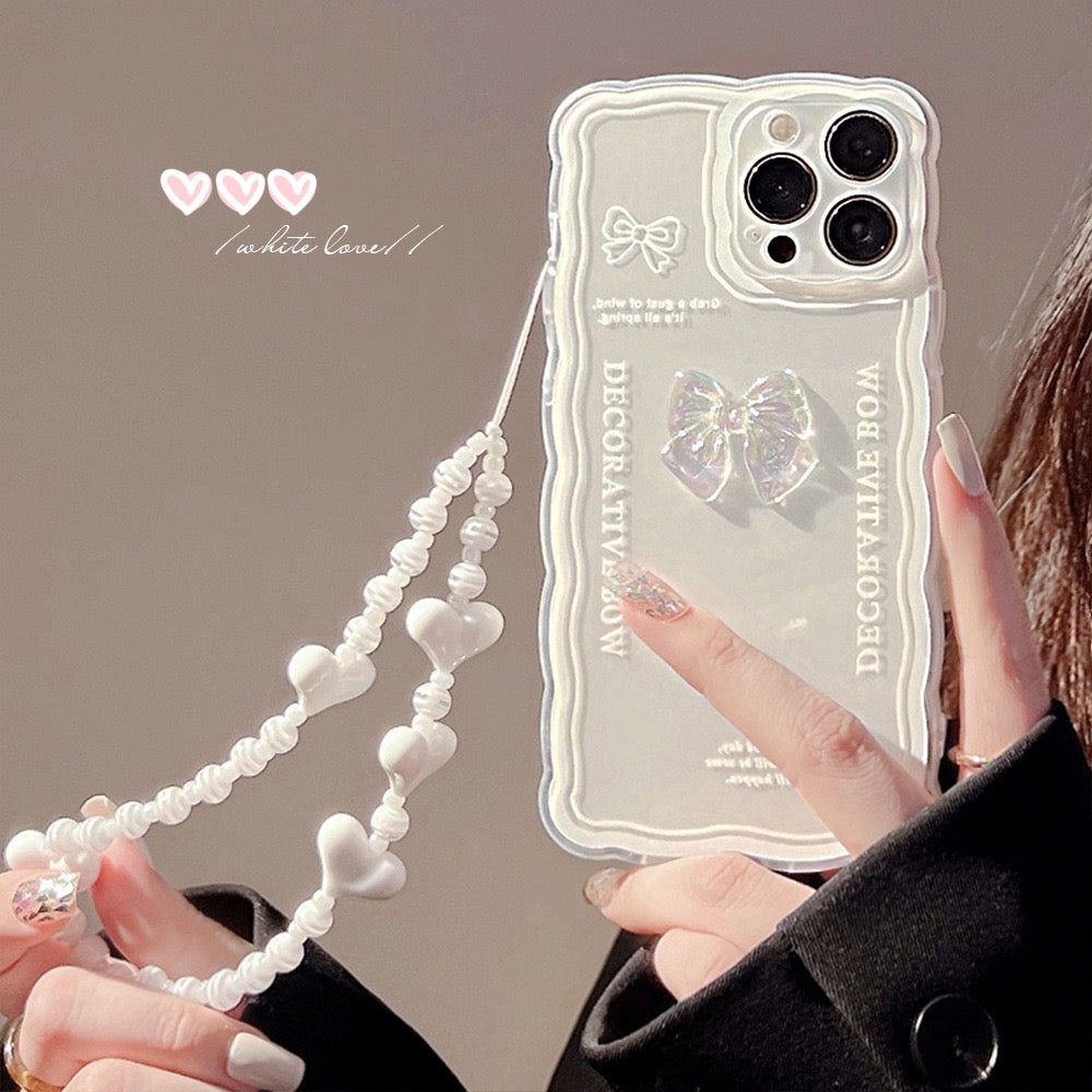 【iPhone Case】蝶ネクタイ リボン スリング付き 白いハート 透明 iPhoneケース