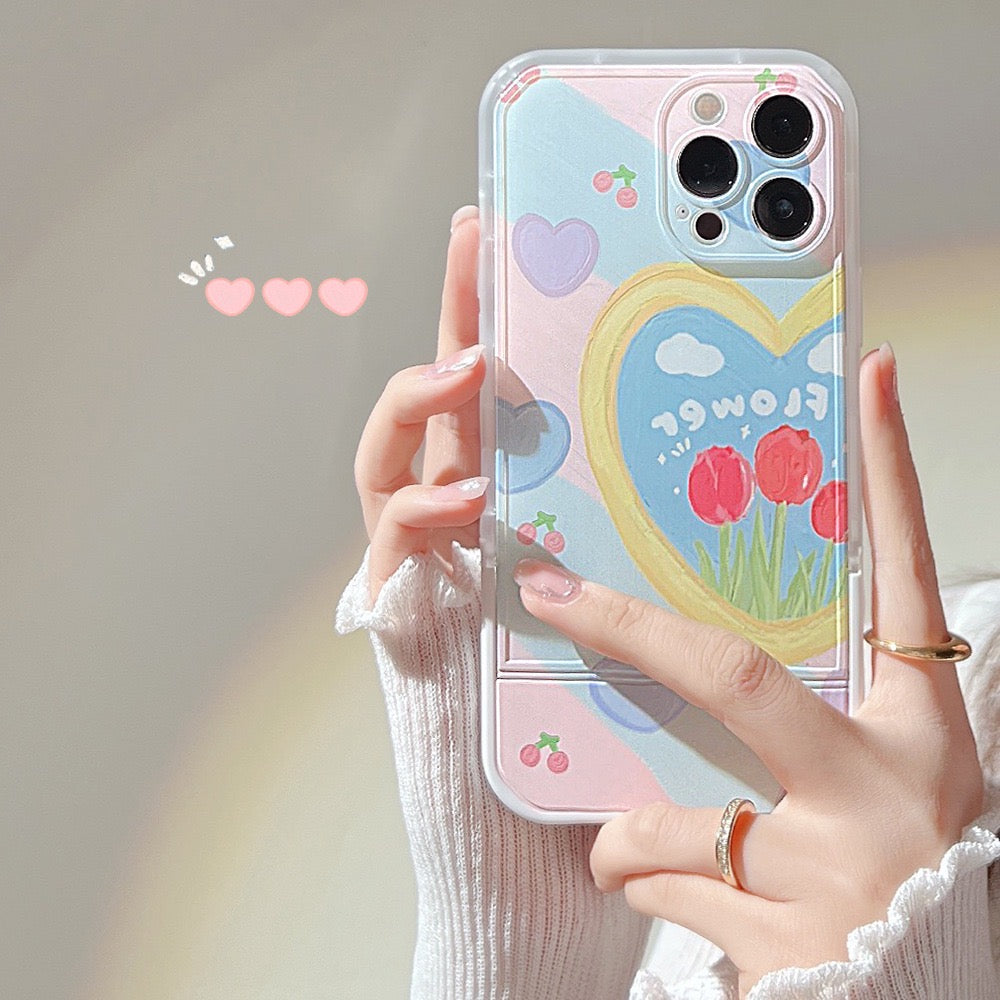 【iPhone Case】油絵 可愛い花 ハート 落下防止 リングストラップ付き iPhoneケース