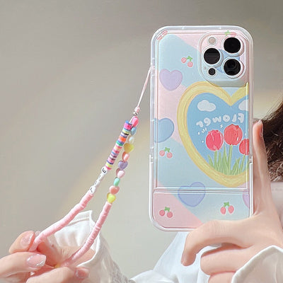 【iPhone Case】油絵 可愛い花 ハート 落下防止 リングストラップ付き iPhoneケース