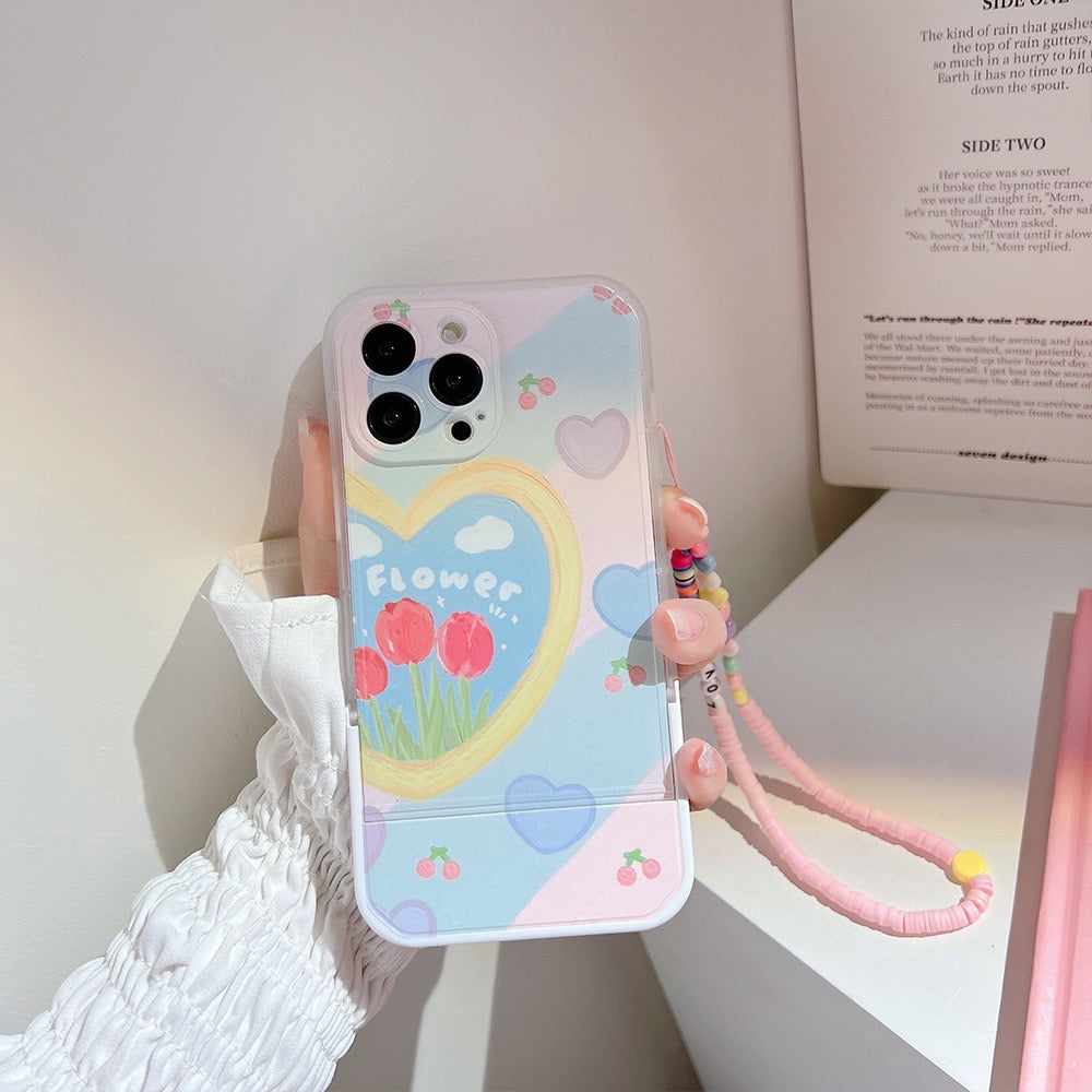 【iPhone Case】油絵 可愛い花 ハート 落下防止 リングストラップ付き iPhoneケース