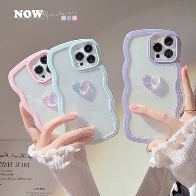 【iPhone Case】人気 透明クリア 立体感 キラキラ ハート 3色 ウェーブカット 韓流 オシャレ iPhoneケース