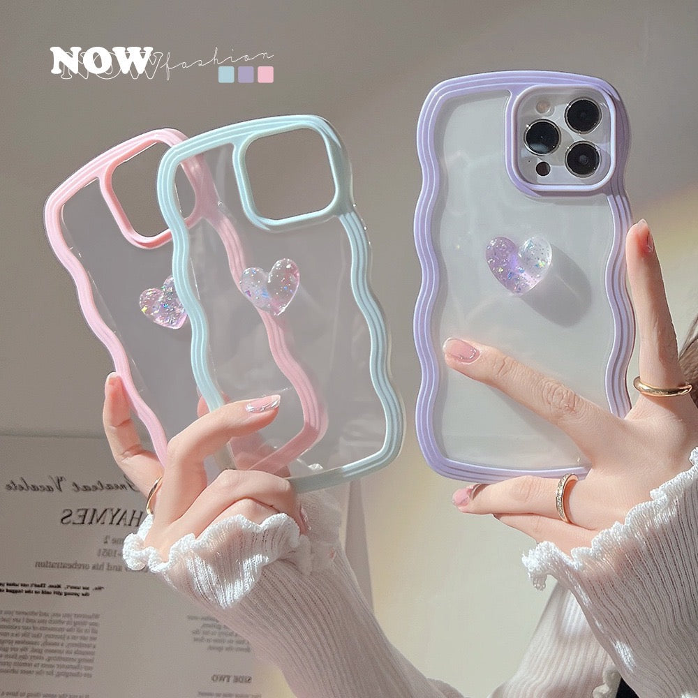 【iPhone Case】人気 透明クリア 立体感 キラキラ ハート 3色 ウェーブカット 韓流 オシャレ iPhoneケース