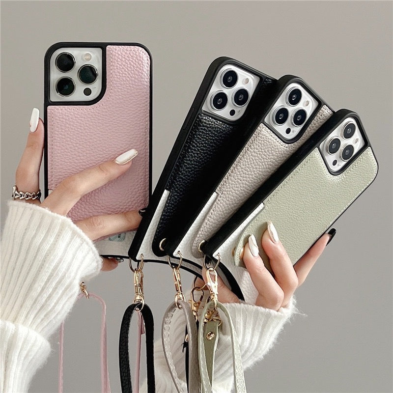 【iPhone Case】 シンプル 革製 高級感  おしゃれ  全4色 ショルダーストラップ付き  背面ポケット iPhoneケース