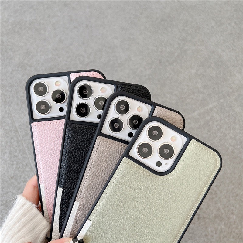 【iPhone Case】 シンプル 革製 高級感  おしゃれ  全4色 ショルダーストラップ付き  背面ポケット iPhoneケース