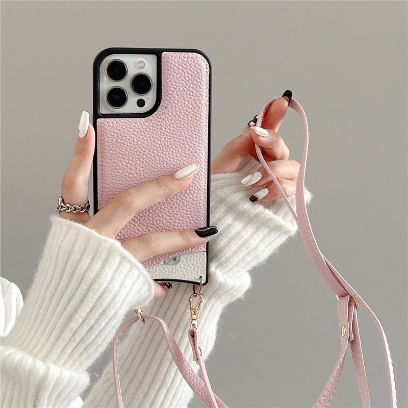 【iPhone Case】 シンプル 革製 高級感  おしゃれ  全4色 ショルダーストラップ付き  背面ポケット iPhoneケース