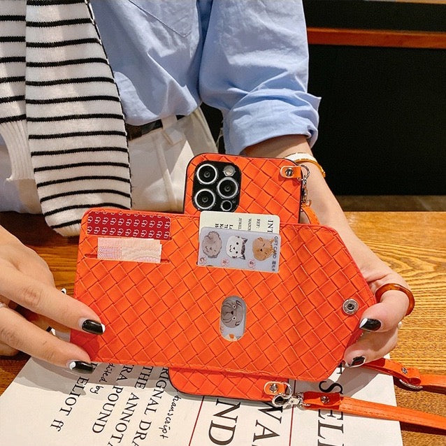【iPhone Case】韓国  人気  織り 革  財布 スマホショルダーストラップ　カード収納  リング付き ショルダーiPhoneケース