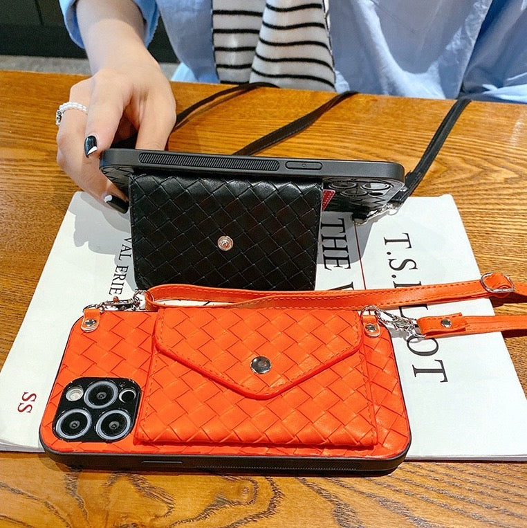 【iPhone Case】韓国  人気  織り 革  財布 スマホショルダーストラップ　カード収納  リング付き ショルダーiPhoneケース