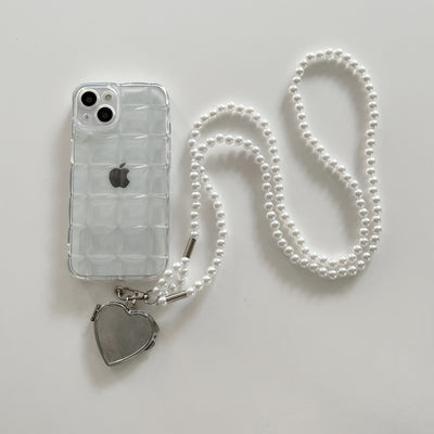 【iPhone Case】可愛い ハート 鏡 パール 夏 スマホショルダーストラップ  リング付き ショルダー  iPhoneケース