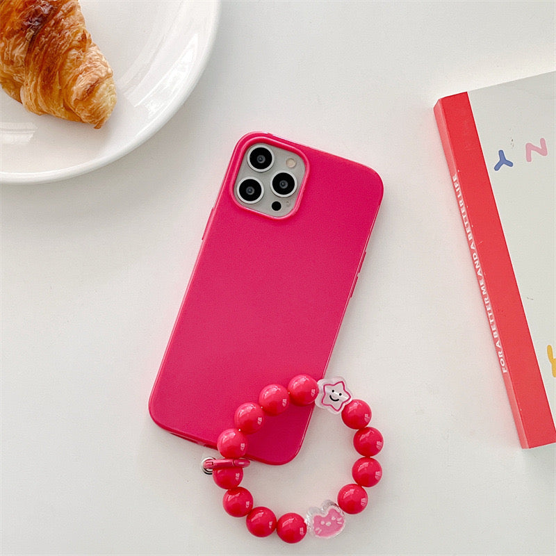 【iPhone Case】可愛い シンプル カラーフル 4色  ビーズチェーン付  IPHONEケース