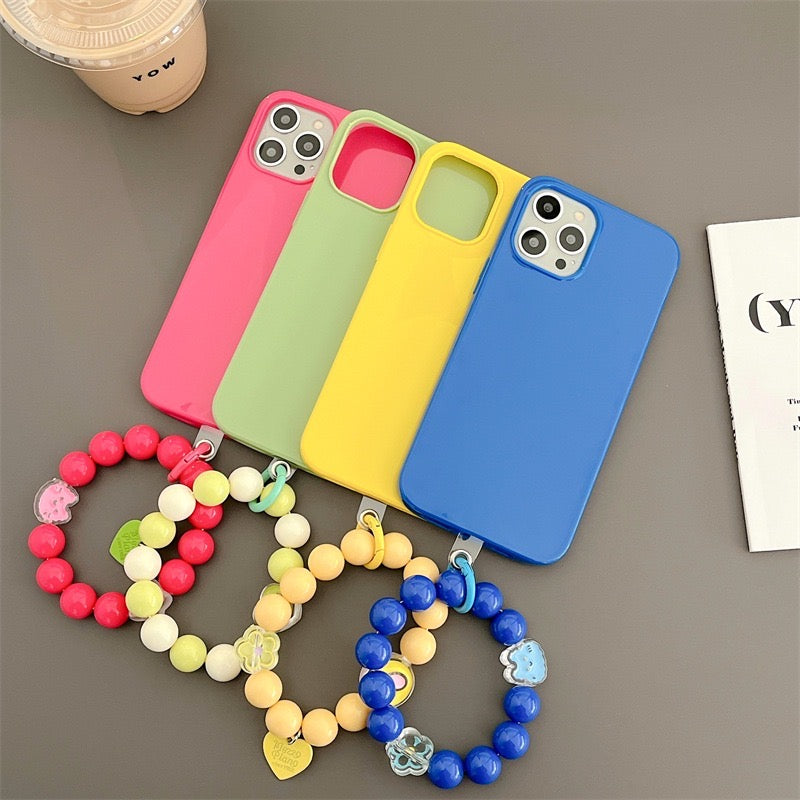 【iPhone Case】可愛い シンプル カラーフル 4色  ビーズチェーン付  IPHONEケース