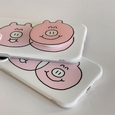 【iPhone Case】可愛い ハッピー ピンク 豚  癒し系  スマホグリップ スタンド IPHONEケース