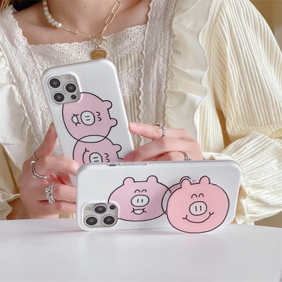 【iPhone Case】可愛い ハッピー ピンク 豚  癒し系  スマホグリップ スタンド IPHONEケース