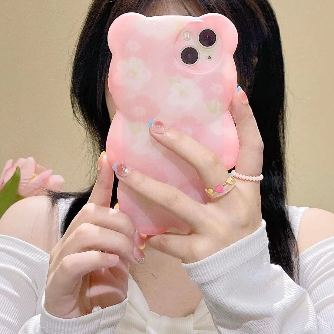 【iPhone Case】可愛い ピンク クマちゃん 立体 熊 花 IPHONEケース
