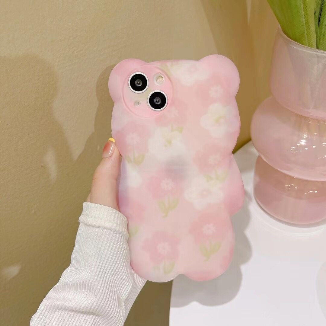 【iPhone Case】可愛い ピンク クマちゃん 立体 熊 花 IPHONEケース