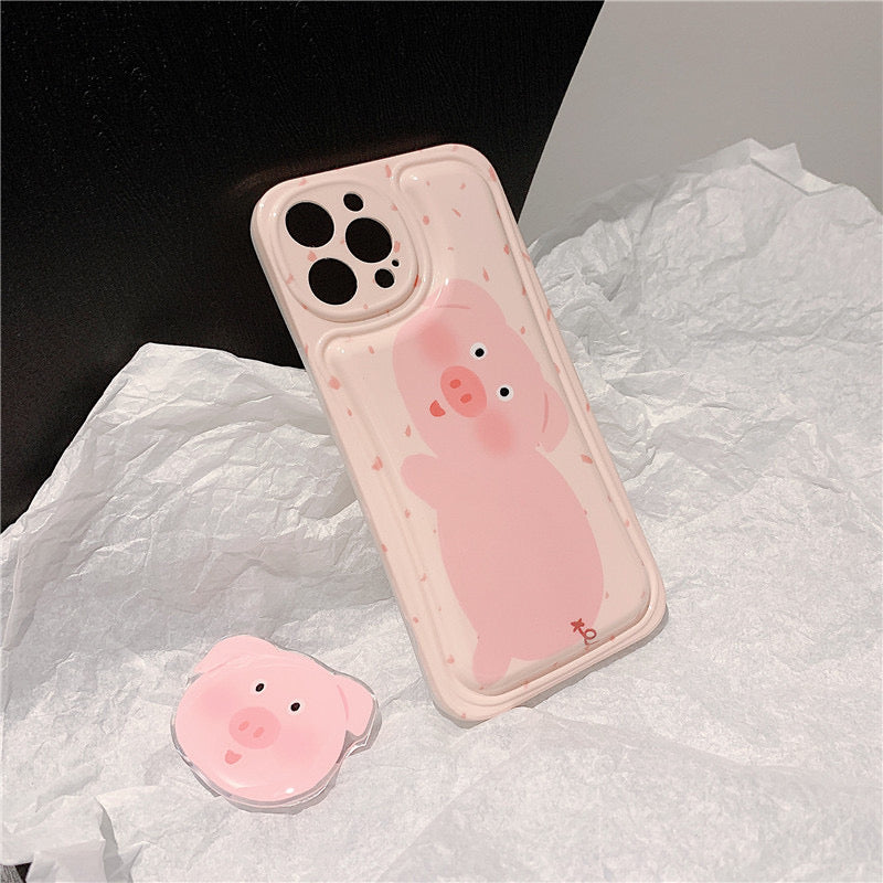 【iPhone Case】可愛い ピンク 豚 癒し系 スマホグリップ スタンド IPHONEケース